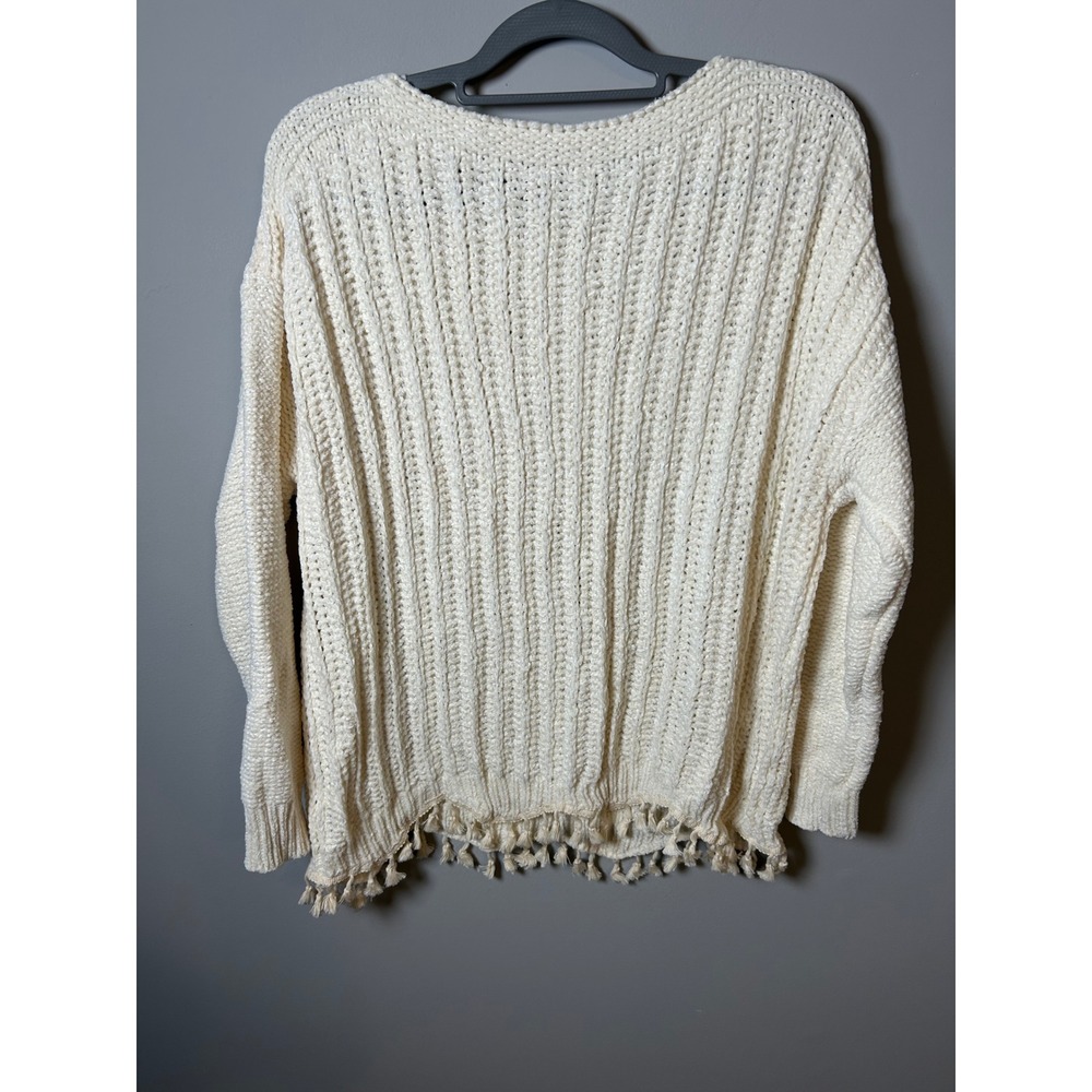 Cream White Chenille Ribbed Knit Tassel Fringe Pullover Sweater XL - Picture 3 of 5
